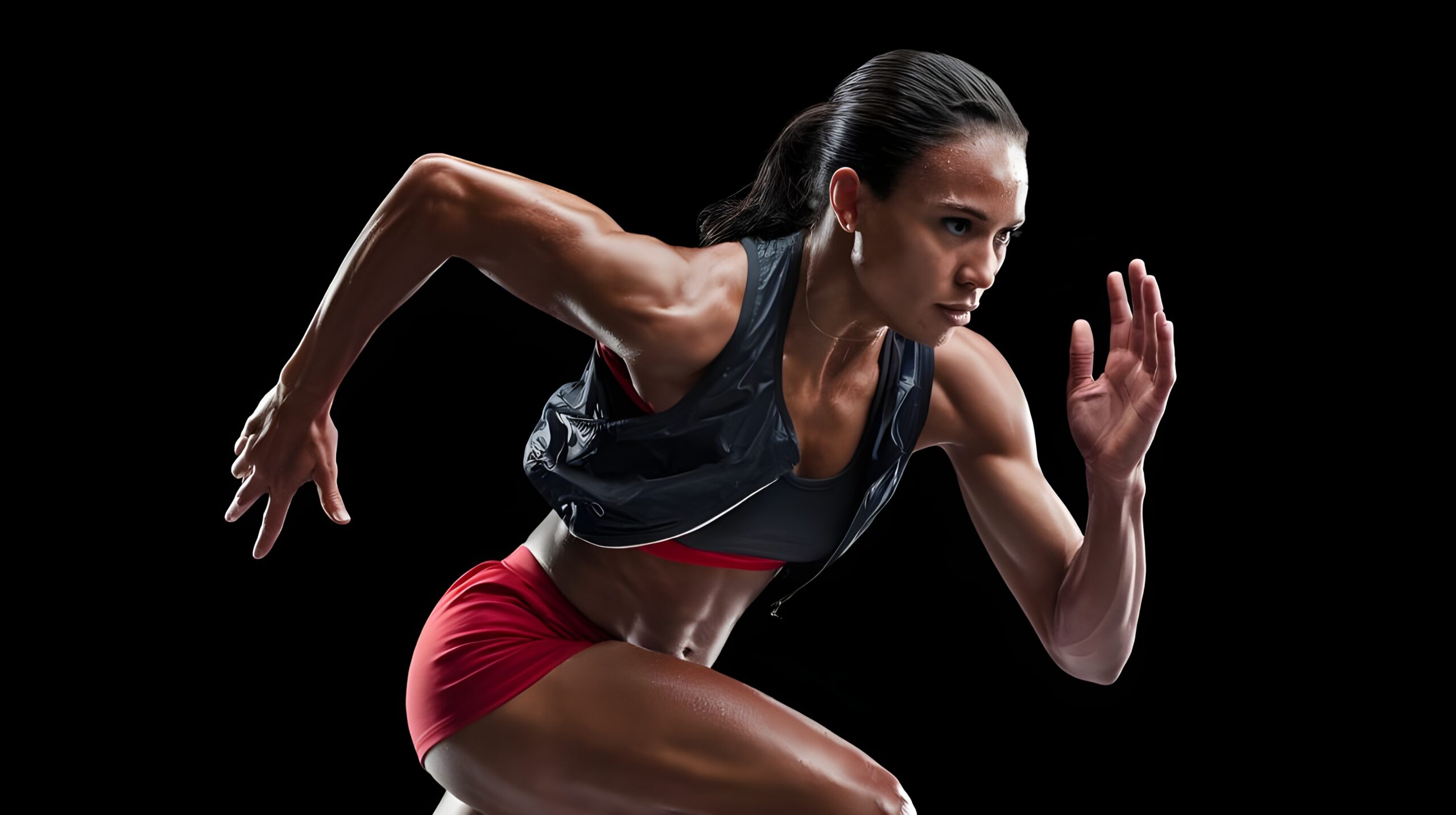 A strong athletic woman sprinter running on a black background. She is wearing sportswear,including a black vest and red shorts. Sweat is visible on her forehead.
